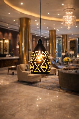 Image of Modern Black Geometric Laser Cut Design Hanging Pendant Light with Height Adjustable Decorative Ceiling Lamp for Living Room, Bedroom, Dining Area, Cafe & Home Decor (Pack of 1)