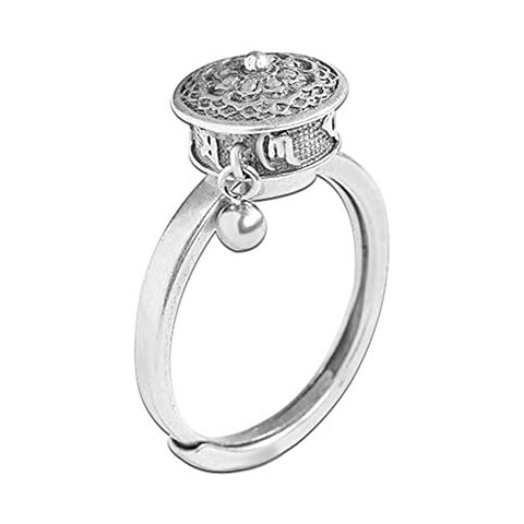 JAJAFOOK 925 Silver Rotating Rings Buddhist Tibetan Prayer Wheel Lotus Ring Good Luck Adjustable Ring Silvey Cover