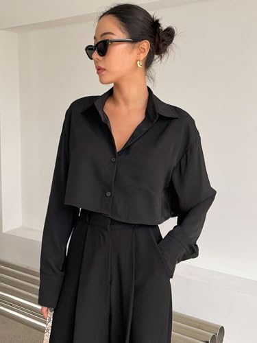 Image of Aahwan Women Polyester Regular Fit White Solid Button Up Drop Shoulder Casual Crop Long Sleeve Shirt