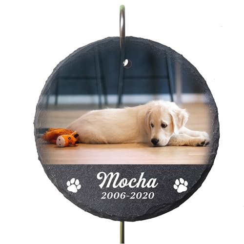 EDSG Personalized Pet Memorial Stone Plaque with Hook Stake, Custom Pet Memorial Gifts with Photo, Dog Memorial Grave Stone for Outdoor Garden, Loss of Dog Cat Sympathy Gift (Round Shape-S, Design 5)
