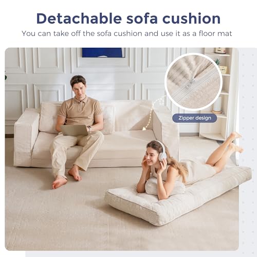 Image of MAXYOYO Convertible Sofa Bed, Pull Out Oversized Loveseat Sofa Couch, 2 in 1 Folding Couch Bed, Fold Out Floor Couch with Pillows for Living Room Bedroom Lounge, Beige