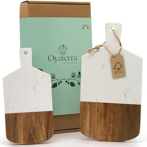 OYATERRA® - Planche Apéro Bois & Marbre – Lot de 2 Plateaux Fromage et Charcuterie – Élégant en Acacia FSC® –