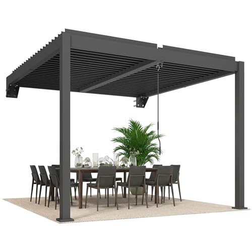 Outsunny Pergola ca. 3x3 m Aluminium Terrassenüberdachung mit verstellbar Lamellendach Wandmontage Lamellen-Pavillon wetterfest stabil Terrassendach Gartenpavillon für Garten Terrasse Dunkelgrau