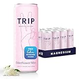 TRIP Lightly Sparkling Adaptogen Drink, Non Alcoholic Drink with Magnesium, Ashwagandha, Lions Mane & L Theanine, No Added Sugar Mocktail, Vegan, Elderflower Mint, 12 Oz, 12Pk