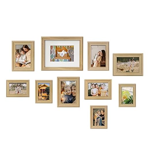 Adeco 10 Packs Collage Decorative Wood Wall Hanging Picture Frame Set, Multiple Square Photo Frame for 8.5 x 12, 5 x 7, 6 x 8, 4 x 6 Inch Photos, Set of 10, Natural Wood
