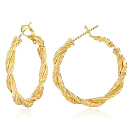 MOYUXI Gold Twisted Hoop Earrings for Women Hypoallergenic 925 Silver Post Earring Medium Twisty Hoops Earring Non Tarnish Jewerly Gift Lightweight Braided 14k Gold Plated Hoop Earrings
