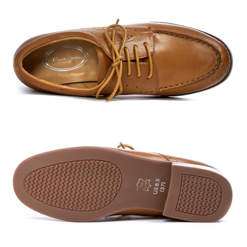 Mona flying Sapato social feminino clássico Derby Oxfords de couro com cadarço e bico redondo, Marro