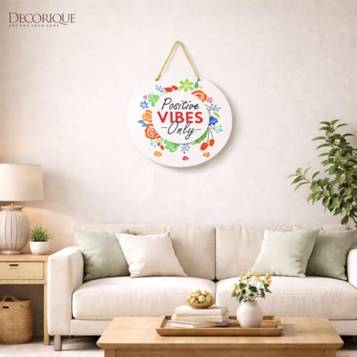 Image of DECORIQUE Positive Vibes Only MDF Wall Hanging Home Decor Round Decorative Sign for Living Room Bedroom Office Entryway Interior Wall Decoration