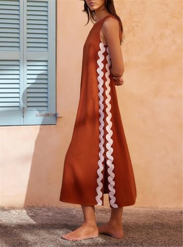 Women's Summer RIC Rac Sleeveless Maxi Dress Round Neck Side Split Scalloped Trim Beach Tank Dress3