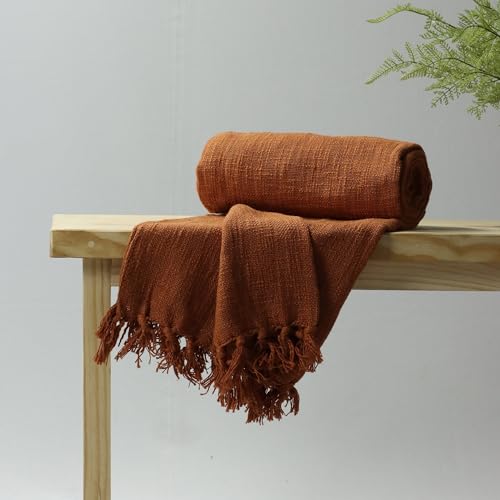 Image of Handmade Cotton Jute Sofa Throw 50x60 Inch Solid Soft Blanket for Living Room, Bed, Couch (Rust Brown)