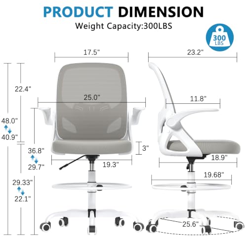 Image of Kensaker Drafting Chair Tall Office Chair, Ergonomic Standing Desk Chair with Adjustable Foot Ring and Flip-up Armrests, Mesh Computer Chair for Art Studio, 300 LBS, Gray