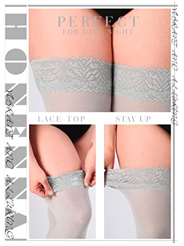 Image of HONENNA Plus Size Thigh High Stockings, Semi Sheer Stay Up Lingerie Lace Top Pantyhose for Curvy Women
