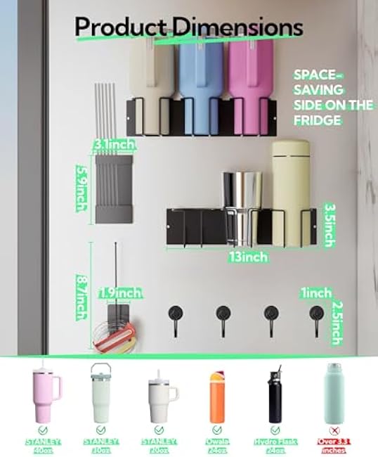 Magnetic Cup Holder for Fridge ¨C 8-Piece Modular Kit with 2 Magnetic Cup Holder, 1 Lid Organizer, 1 Straw Holder & 4 Magnetic Hooks, Water Bottle Organizer & Kitchen & RV Space Saver(8-Piece Set)