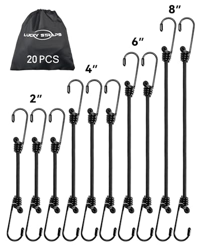 Image of 20 Pcs Mini Short Bungee Cords Assorted Sizes with 6mm Diameter & 2.5X Stretch, 2'' 4'' 6'' 8'' Black Small Bungee Straps with Excellent UV Protection & Upgraded Steel Hooks for Small Items & Tools