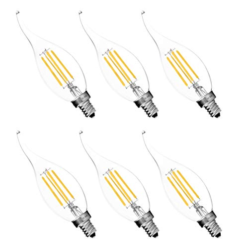 Hyperikon LED B11 Bulb Dimmable, 40 Watt (4W), Filament Candle Vantage Lights, E12 Base, 3000K, Flame Tip, UL, 6 Pack