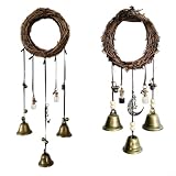 Crabop Rattan-Windspiel mit Vintage-Kupferglocken: Boho-Wandbehang Dekor für Tür, Balkon, Garten, 2-teiliges Set