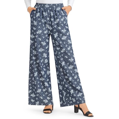 Collections Etc White Floral Printed Wide-Leg Denim Palazzo Pants with Pockets