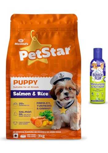 Image of Petstar Puppy Dry Dog Food (High Protein) Salmon & Rice Flavor, 3kg Pack and Mankind BubbleStar Neem & Aloe Vera 2-in-1 Shampoo & Conditioner for Dogs & Cats,200 ml