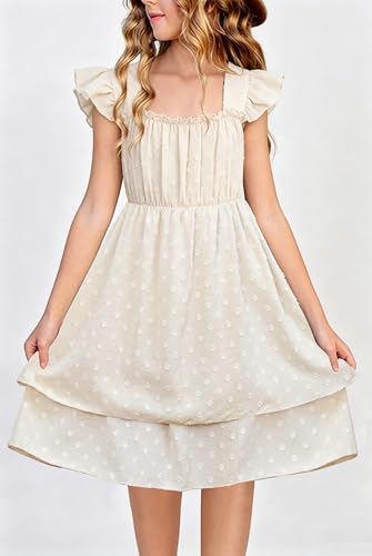 PopReal Tween Girls Summer Dresses Kids Double Hem Layer Ruffle Sleeve Polka Dot Dress White 5t