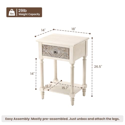 Image of HOMPUS Fully Assembled Farmhouse Nightstand with Drawer and Shelf, Vintage Nightstand with Flower Pattern, Wood End Table, Small Bedside Table Night Stand for Living Room, Bedroom, Distress White