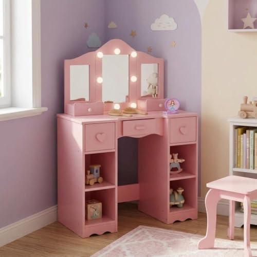 Zstar Coiffeuse Enfant 2-en-1 en Bois avec Miroir LED Pliable, 5 tiroirs, 4 Compartiments Ouverts et Tabouret – Table Maquillage scandinave, Pratique pour Chambre de Fille – Couleur : Rose