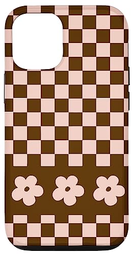 iPhone 12/12 Pro Aesthetic Checker Retro Groovy Flowers in Beige and Brown Case