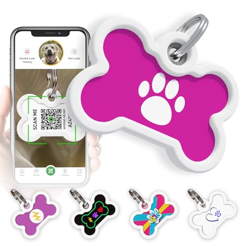 QR Code Dog Tag Silent Id Pet Tags Personalized Name Plate with Online Profile (Pink Paw, Bone)