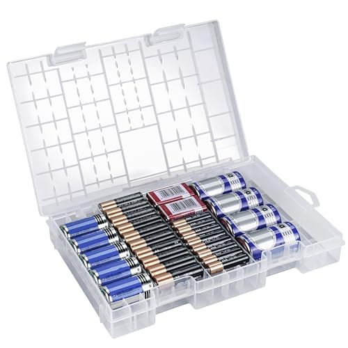 Linkidea Plastikowy organizer na baterie do AA/AAA/C/D/9V, pudełko do przechowywania mieści 29 baterii z przegrodami, przenośne do domu i na zewnątrz (przezroczyste)