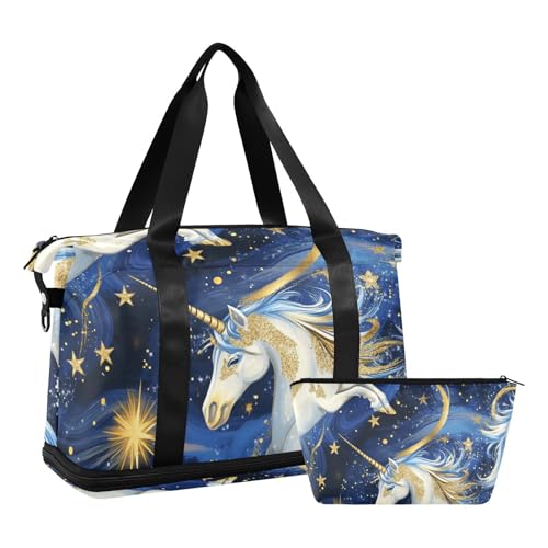 Cartoon Cute Blue and Gold unicorns Overnight Travel Duffel Bag Weekender Overnight Bag with Adjustable Strap for Business Trips 2 Pcs Set - Main Image