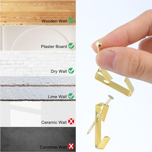 Image of uxcell 30Pcs Photo Frames Hanger Hooks, 50 Lb Frame Hooks with Nails Metal Wall Mount Album Picture Hanging Clips for Hanging, Clocks on The Wall, Gold
