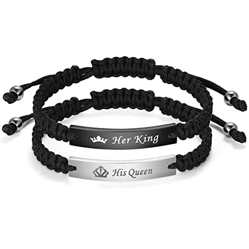 JewelryWe Biżuteria dla par, bransoletka skórzana z Her King His Queen, polerowana na wysoki połysk, stal nierdzewna, skórzana linka, pleciona, bransoletka partnerska, bransoletka przyjaźni