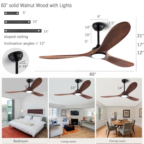 Image of 60 inch Quiet Solid Wood Ceiling Fan, with 6-speed remote control, Black /Walnut