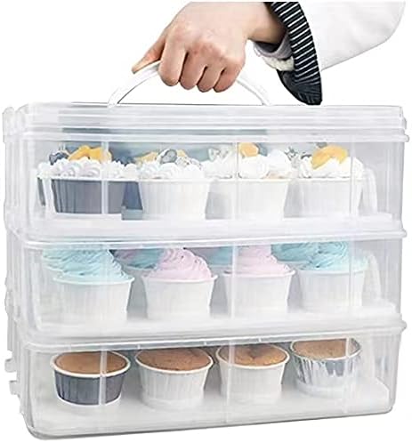 FEOOWV 3 Tier Cupcake Carrier with Lid,Holds 36 Cupcakes or 3 Large Cakes Food Transporter Container with 3 Tier Stackable Layer Insert