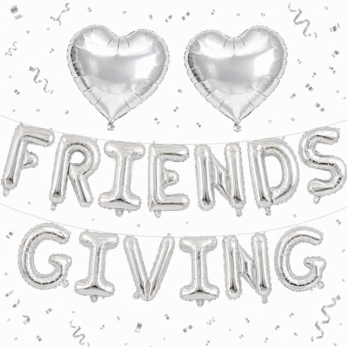 16 Inch Siver FRIENDSGIVING Letter Balloons Banner with Heart Foil Balloons - Mylar Alphabet Balloon Sign for Friendsgiving Party Decorations, Thanksgiving Day Friends Celebration Supplies Kit