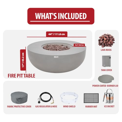 Image of AMS Creations | Eclipse 44 inch Bundle Round Cast Concrete Propane Gas Fire Pit Bowl Table | Light Gray | Smooth Texture Surface | Electronic Ignition | Outdoor Patio Heater Outside Backyard Fireplace