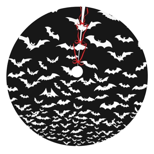 Halloween Night Bats Black White Spooky 36 Inch Christmas Tree Skirt Carpet Mat Funny Party Soft Cover Mat Decor Supplies for Xmas Halloween Decorations Occasion Farmhouse