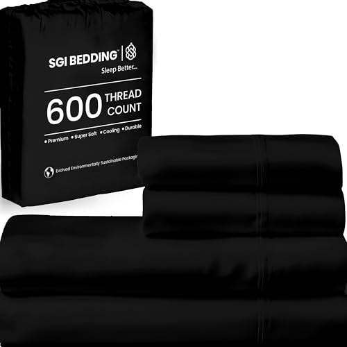Image of SGI bedding King Bed Sheets Set - Premium 600 TC Egyptian Cotton, Crisp & Cooling Sateen Weave, Extra Soft Hotel Collection, Fits Mattresses Up to 16 Inch Deep, Breathable & Long Lasting - Black