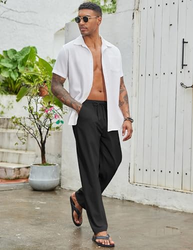 COOFANDY Men's Casual Cotton Pants Elastic Waist Drawstring Linen Beach Summer Pants Lightweight Yoga Trousers4