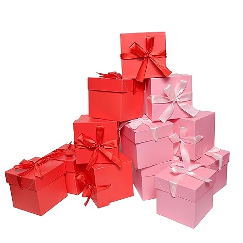 Lot de 6 boîtes cadeaux roses et 6 rouges avec couvercles pour anniversaires, Pâques, fête des mères, fête des pères, journée de la femme, remise de diplôme et toutes les occasions, (12 boîtes
