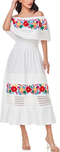 Image of YZXDORWJ Women Embroidered Mexican Peasant Casual Sexy Lace Off-Shoulder Long Dress