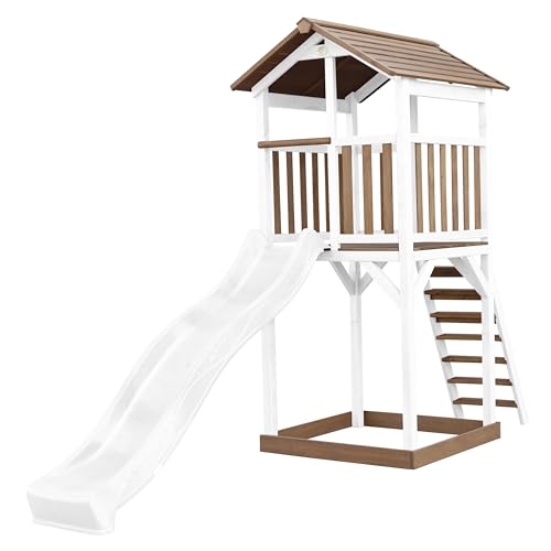 AXI Beach Tower parco giochi in legno in marrone e bianco | Torre di gioco per bambini con sabbiera e scivolo bianco | Casa per bambini su palafitte per il giardino