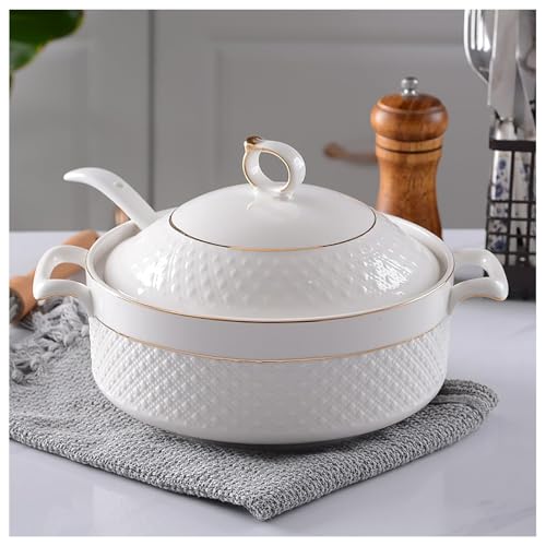 Ceramic Soup Tureen with lid,White Creative Serving Bowl with Double Handle, Decorative Tableware for Soup, muesli, stew