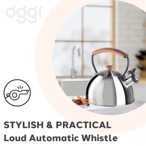 OGGI Tea Kettle for Stove Top - 85oz / 2.5lt, Stainless Steel with Loud Whistle & Stay-Cool Wood Handle, Ideal Hot Water Kettle and Water Boiler - Silver Mirror by Oggi - Used condition - Image 4
