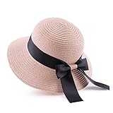 Zsedrut Women Sun Straw Hat Summer Beach Cap Foldable Sun Visor Wide Brim with Strap,Big Bowknot,Adjustable Size (Pink,Women)