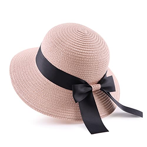 Zsedrut Women Sun Straw Hat Summer Beach Cap Foldable Sun Visor Wide Brim with Strap,Big Bowknot,Adjustable Size (Pink,Women)