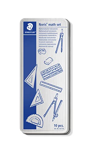 STAEDTLER 557 10 Noris Maths Set with Storage Tin (10 Pieces including Compass, Ruler, Protractor and Set Squares)