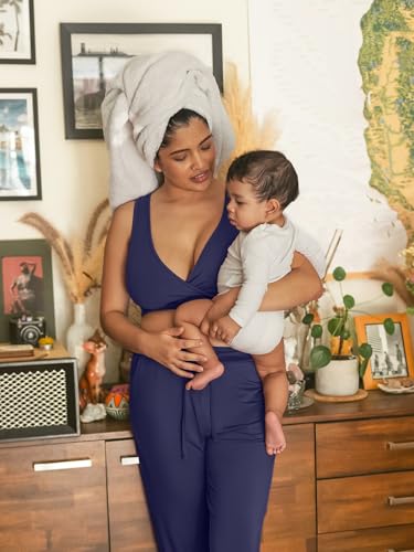 Image of Kindred Bravely French Terry Nursing Bra for Breastfeeding and Sleep, Racerback Crossover, Soft and Stretchy Maternity Bra (Navy, Medium Busty)