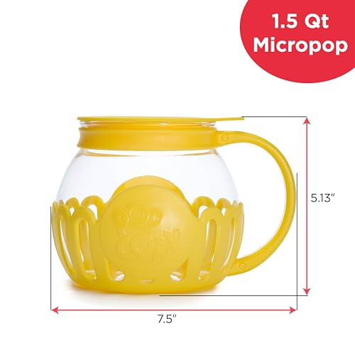 Ecolution Patented Micro-Pop Microwave Popcorn Popper with Temperature Safe Glass, 3-in-1 Lid Measures Kernels and Melts Butter, Made Without BPA, Dishwasher Safe, 1.5-Quart, Yellow