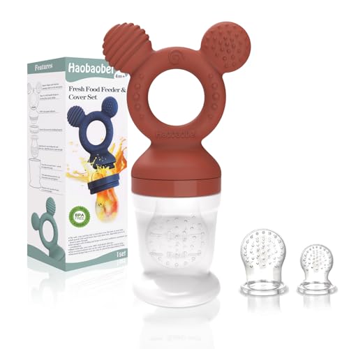Image of Baby Fruit Feeder, Frozen Teething Toys for Babies, Teether Pacifier with 3 Extra Teats, Eating Essentials, BPA Free Baby Feeding Supplies (Copper)