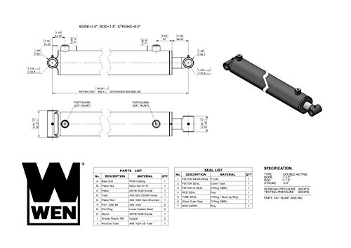 Image of WEN WT3008 Cross Tube Hydraulic Cylinder with 3-inch Bore and 8-inch Stroke